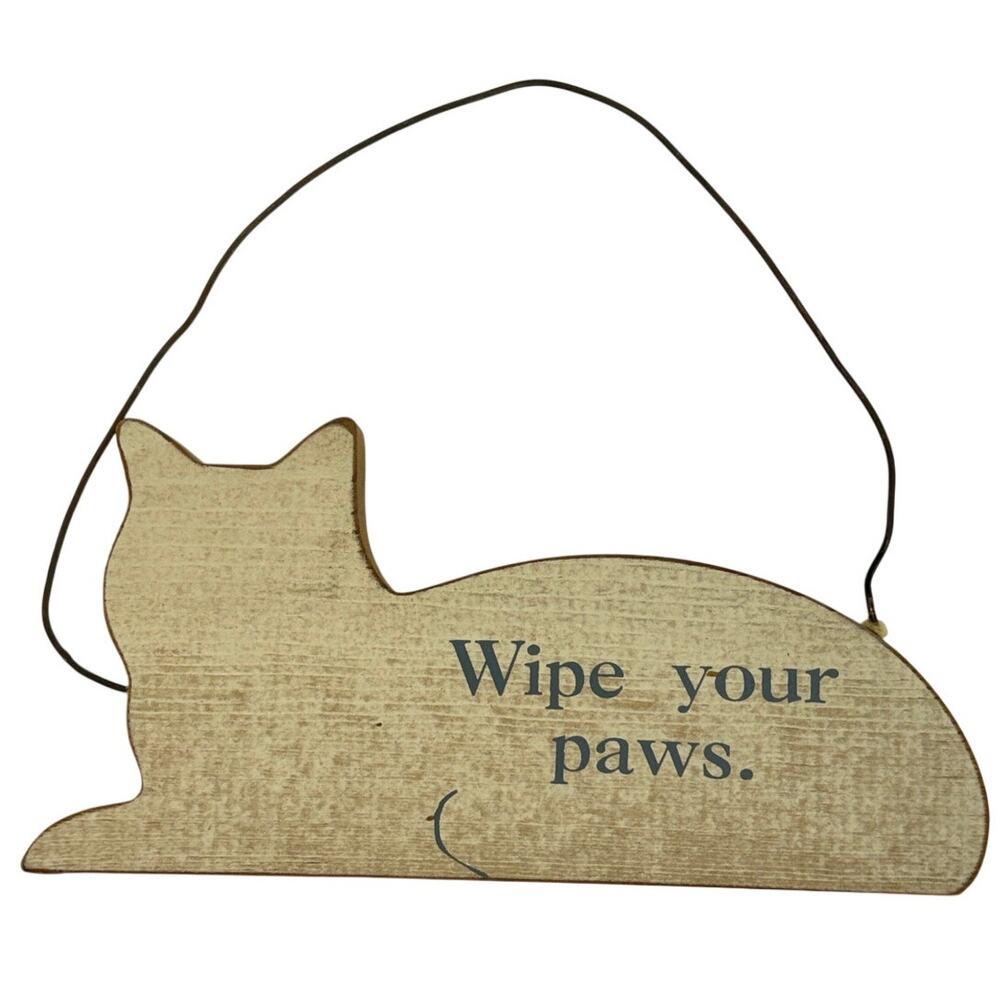Vintage 80s Wooden Cat Figurine Wipe Your Paws Shelf Decor Sign 9.5"